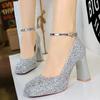 Shoes Platform High Heels Sequin Wedding Shoes Square Toe Women Pumps Thick Heel Ladies Shoes 9 Cm Heels Buckle Pumps