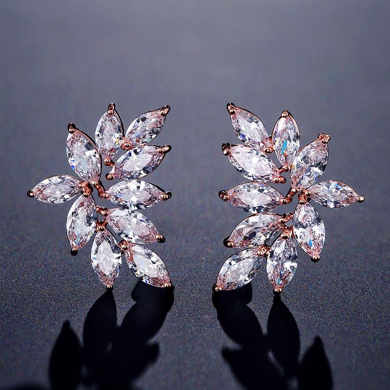 ZAKOL Fashion Leaf Cubic Zircon Stud Earrings for Women Shinny Sliver Color Crystal Flower Earring Jewelry Gift Brinco EP2233