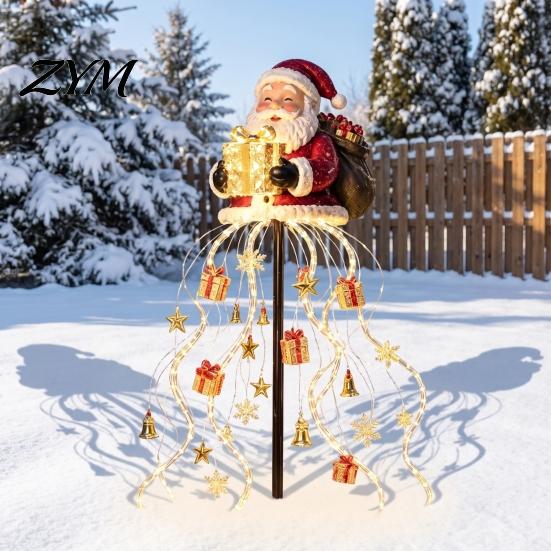 Festive Yard Display for Christmas Solar Santa Claus Garden Light, LED Holding Gift Box Stake Lawn Ornament with Cascading String Lights Outdoor Porch