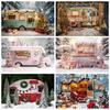 Laeacco Christmas Camper Pography Backdrop Winter Snowy Pine Trees Mini Bus Baby Birthday Family Holiday Portrait Background