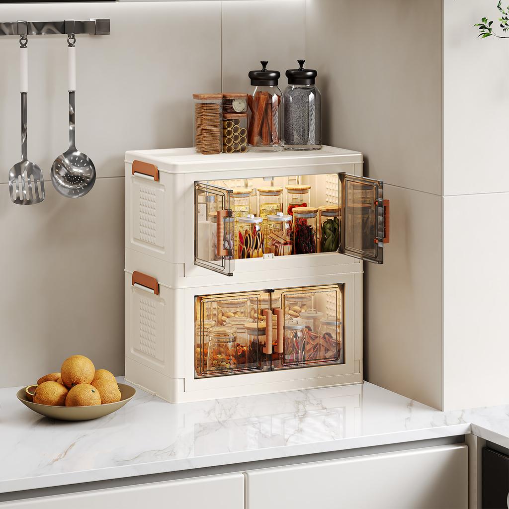 Stackable Storage Bins with Lid, Plastic Collapsible Storage Cabinet, Foldable Folding Box Organizer/Storage Container Cart with Wheel and Double Door