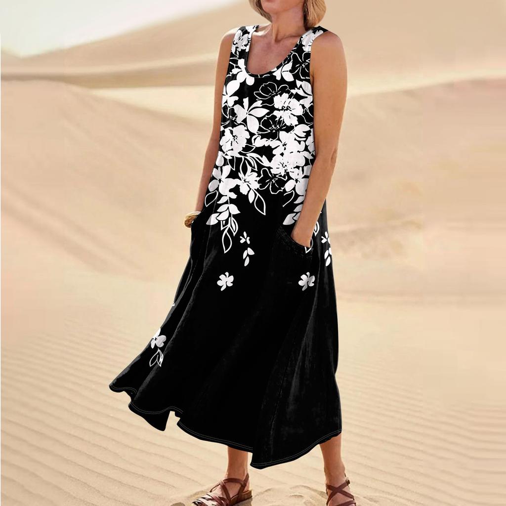 Женское летнее повседневное модное платье без рукавов с круглым вырезом и карманом в стиле ретро