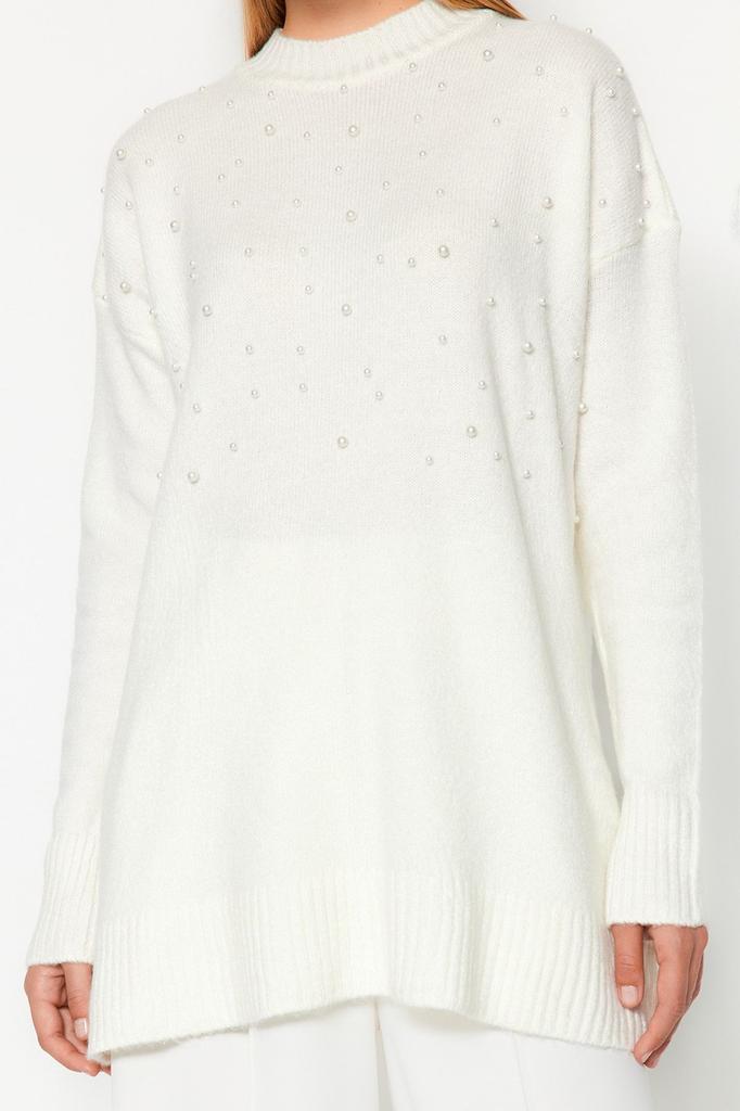 Women's Fashionable Stylish Hijab Sweater Ecru Pearl Detailed Knitwear Sweater