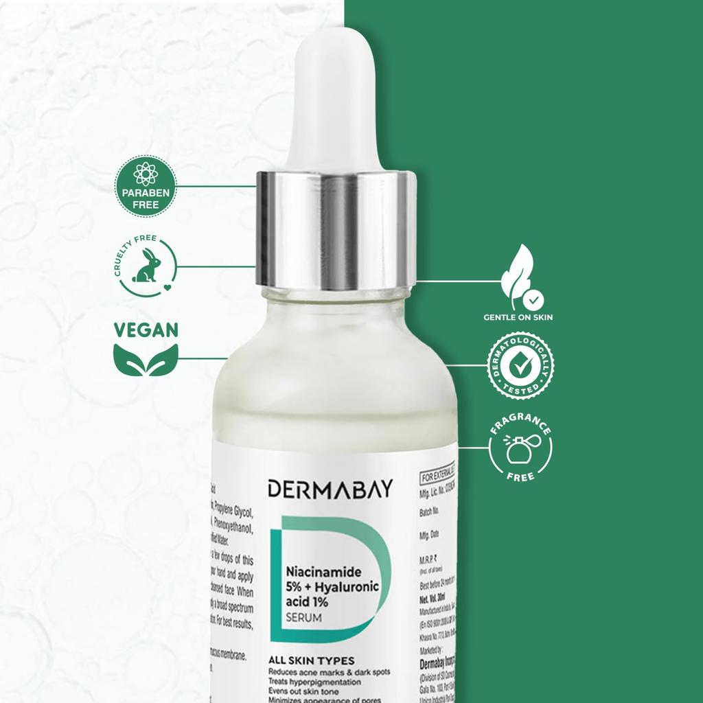 Сыворотка Dermabay с Ниацинамидом 5% + Гиалуроновой кислотой 1% Сыворотка против Акне Уменьшает расширенные поры, темные пятна, несовершенства и следы от акне Подходит для Всех Типов Кожи Для