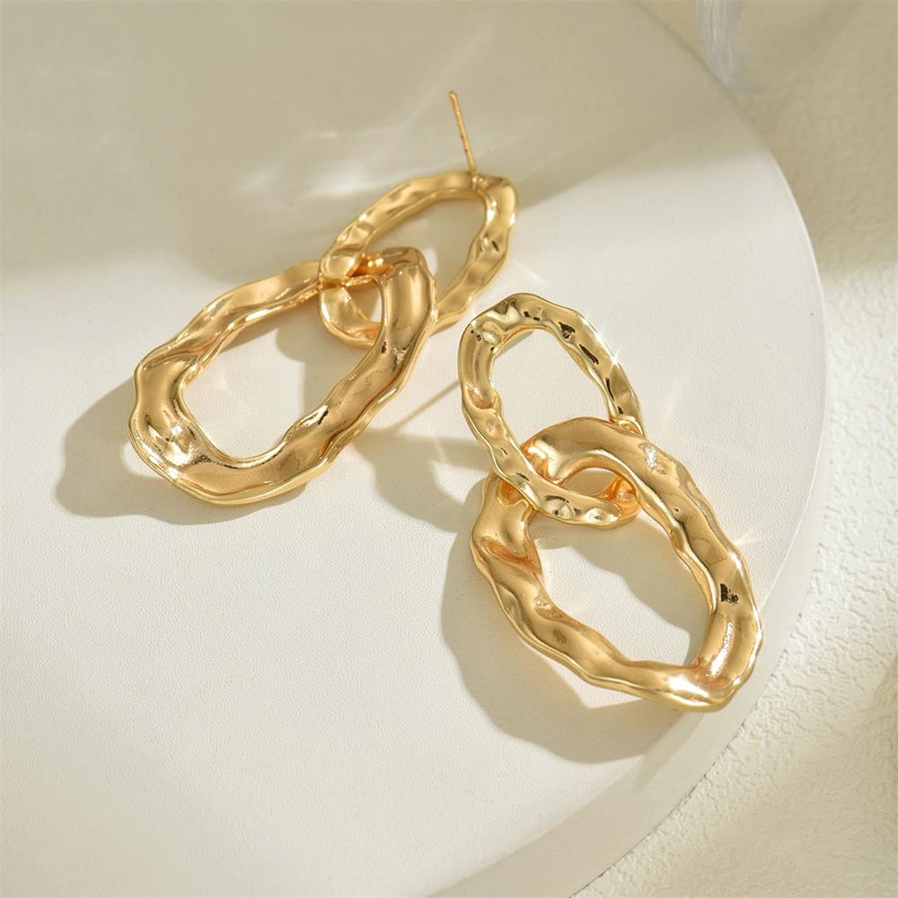 Vintage Gold Color Double Circle Dangle Earrings Waterproof Link-shape Lava Textured Huggie Large Ear Stud Statement Zircon