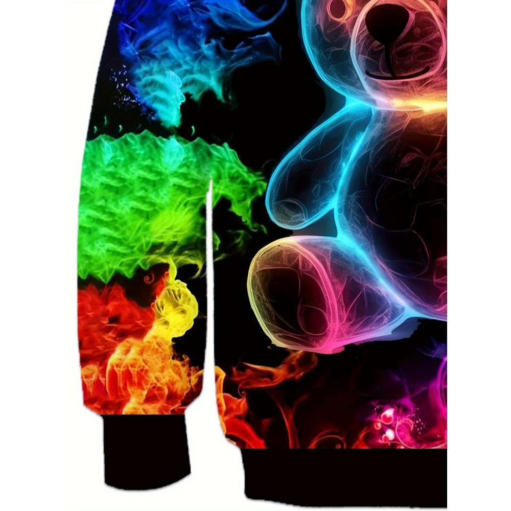 Модная толстовка с длинным рукавом для девочек - яркий красочный графический принт с изображением медведя и пламени, повседневная одежда, идеально подходящая для школы или активного отдыха