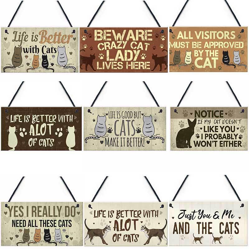 Cute Pet Cat Wooden Hanging Plaque Pendant Tag Vintage Hanger Board Sign Retro Wall Decor Pet Shop Cat House Decoration 20x10cm