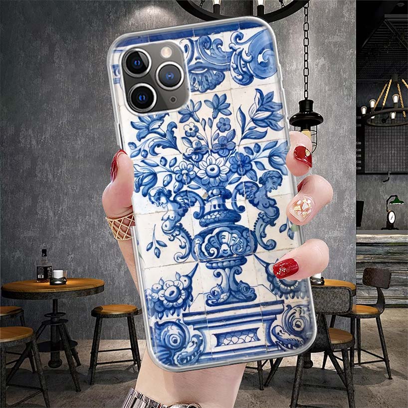 Сине-белый фарфоровый мягкий чехол для телефона для iPhone 11 17 Air 16E 16 Pro Max 15 + 14 Plus 13 Mini 12 Apple 7 SE 8 Fundas Coque 1