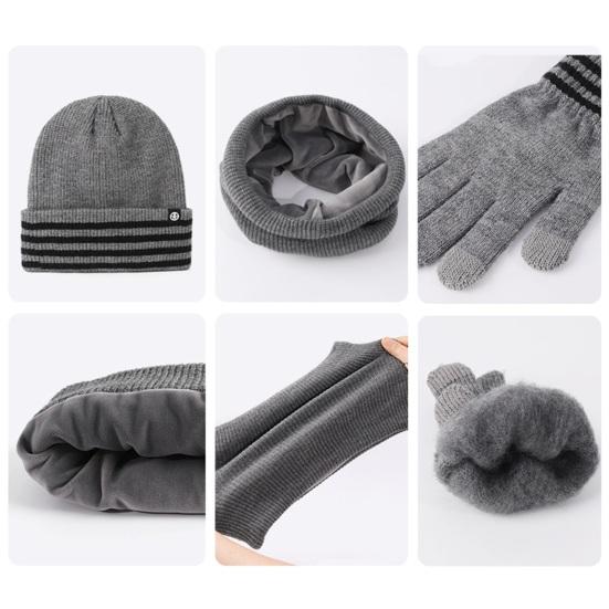 3Pcs/Set Winter Hat Scarf Gloves Set Striped Print Thickened Velvet