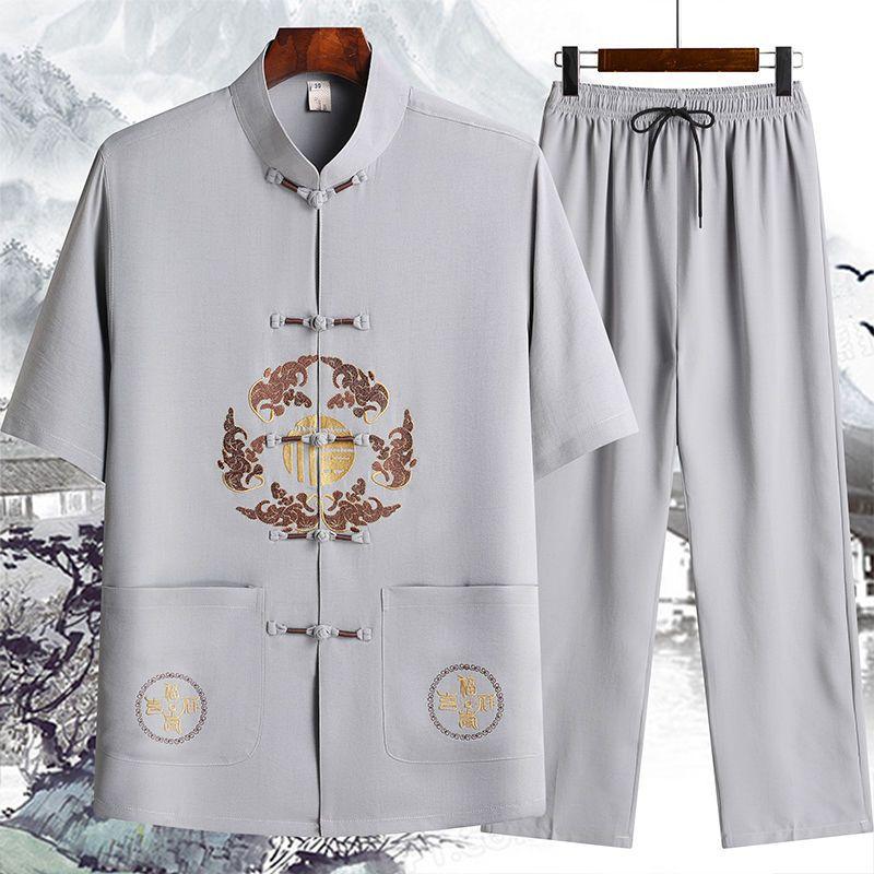 Костюм ханьфу с короткими рукавами в китайском стиле, мужской костюм Тан, летний костюм тайцзи в китайском стиле, костюм дзен, мужская одежда