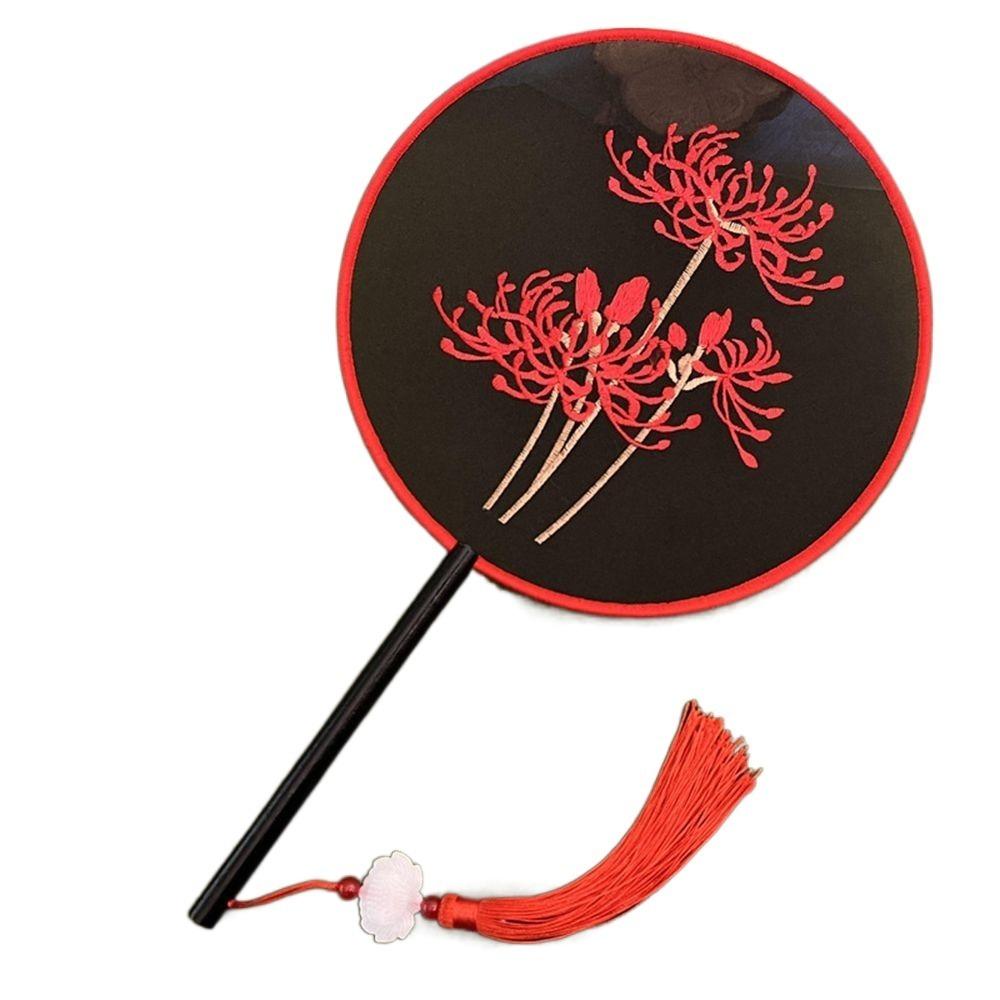 Round Double Sided Embroidery Fan Chinese Style Flower Silk Fan Vintage Hanfu Hand Fan for Guests