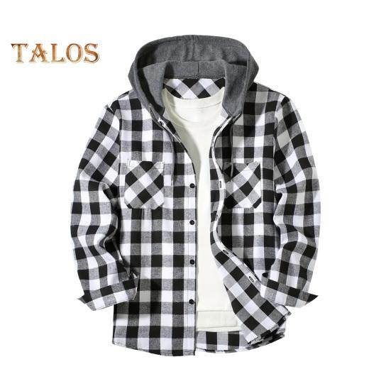 Fall Spring Men Shirt Hooded Drawstring Long Sleeves Color Matching Plaid Print Single-breasted Daily Wear School Home Shirt Coat