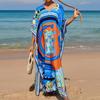 Women's Boho Cover Up, Plus Size Contrast Loose Fit Vacay Beach Kaftan Dress