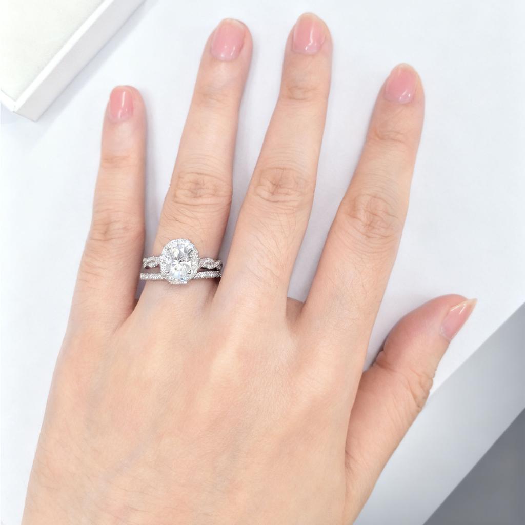Newshe 925 Silver D VVS1 Full Moissanite Wedding Rings Set for Women Halo Oval Cut Engagement Ring