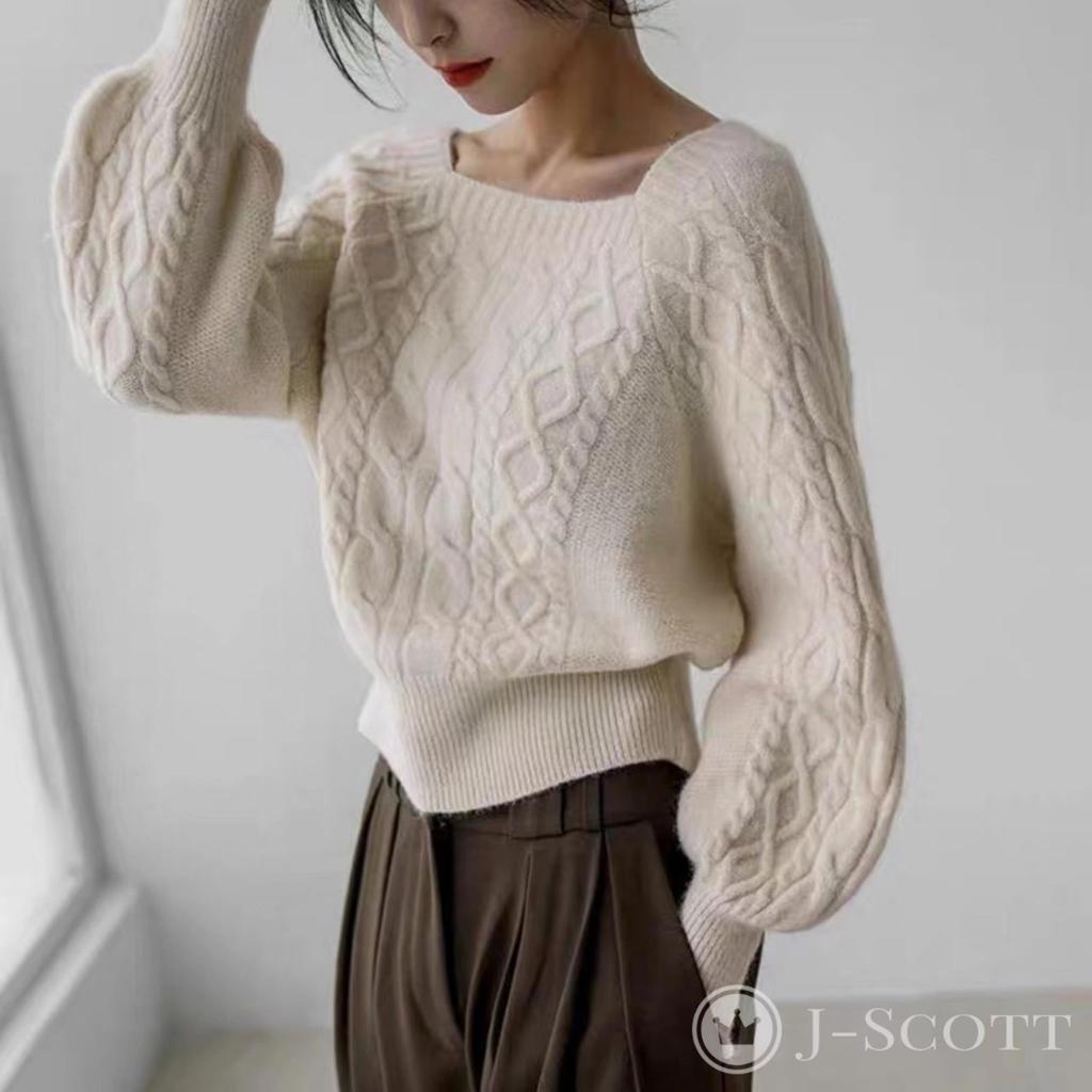 J-Scott Women's Cable Knit Pullover Sweater with Square Neck, Puff Sleeves, and Short Length, Ivory, JS125-IV-S