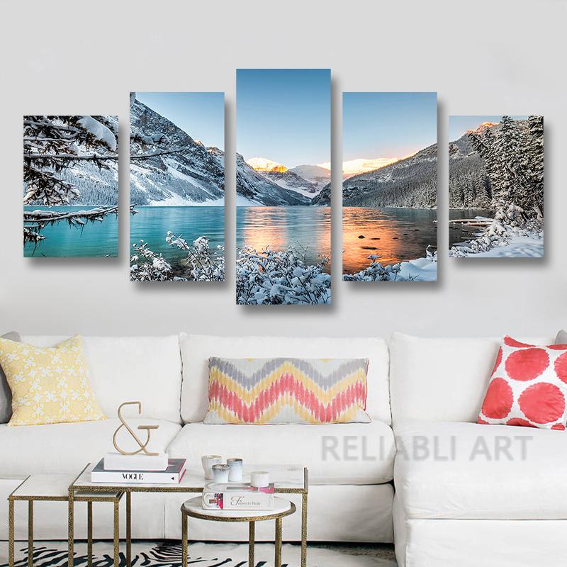 Landscape Canvas Posters Home Decor 5 Pieces Natural Lake Paintings Wall Art Scenery Pictures Modular Living Room Decor No Frame