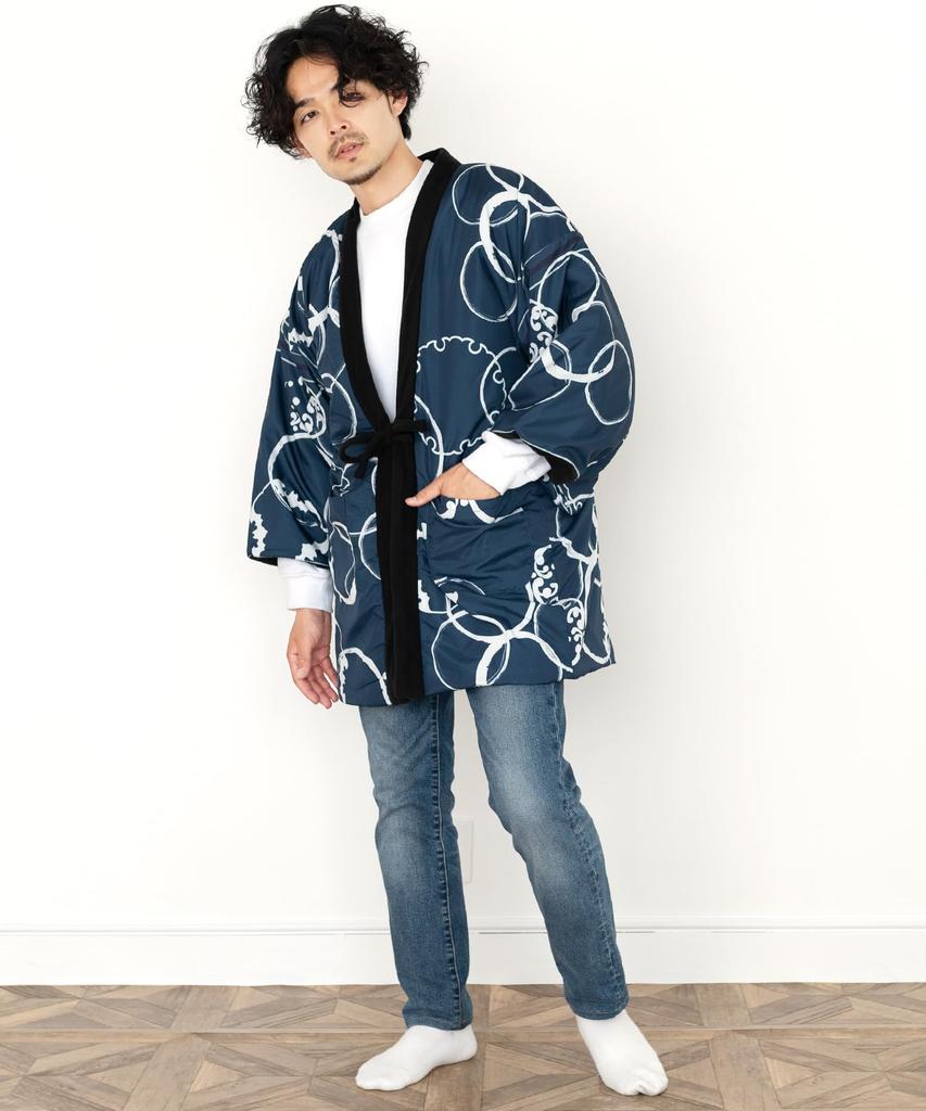 Winter Fleece Hanten Navy Blue Ring [KYOETSU] Men's (4. Pattern, M)