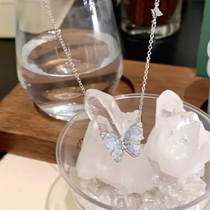 Korean crushed ice blue butterfly necklace accessories sense light luxury niche collarbone chain neck chain choker pendant