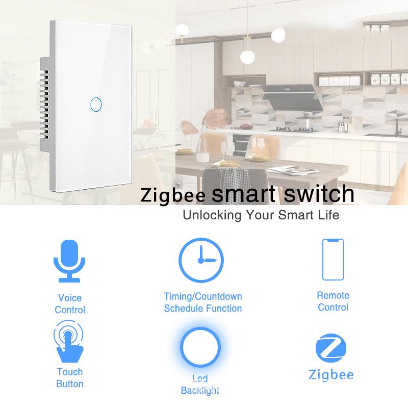 Умный стеклянный выключатель US Standard Zigbee с голосовым управлением Alexa, поддержкой приложения и настраиваемым одинарным выключателем (ноль-фаза)