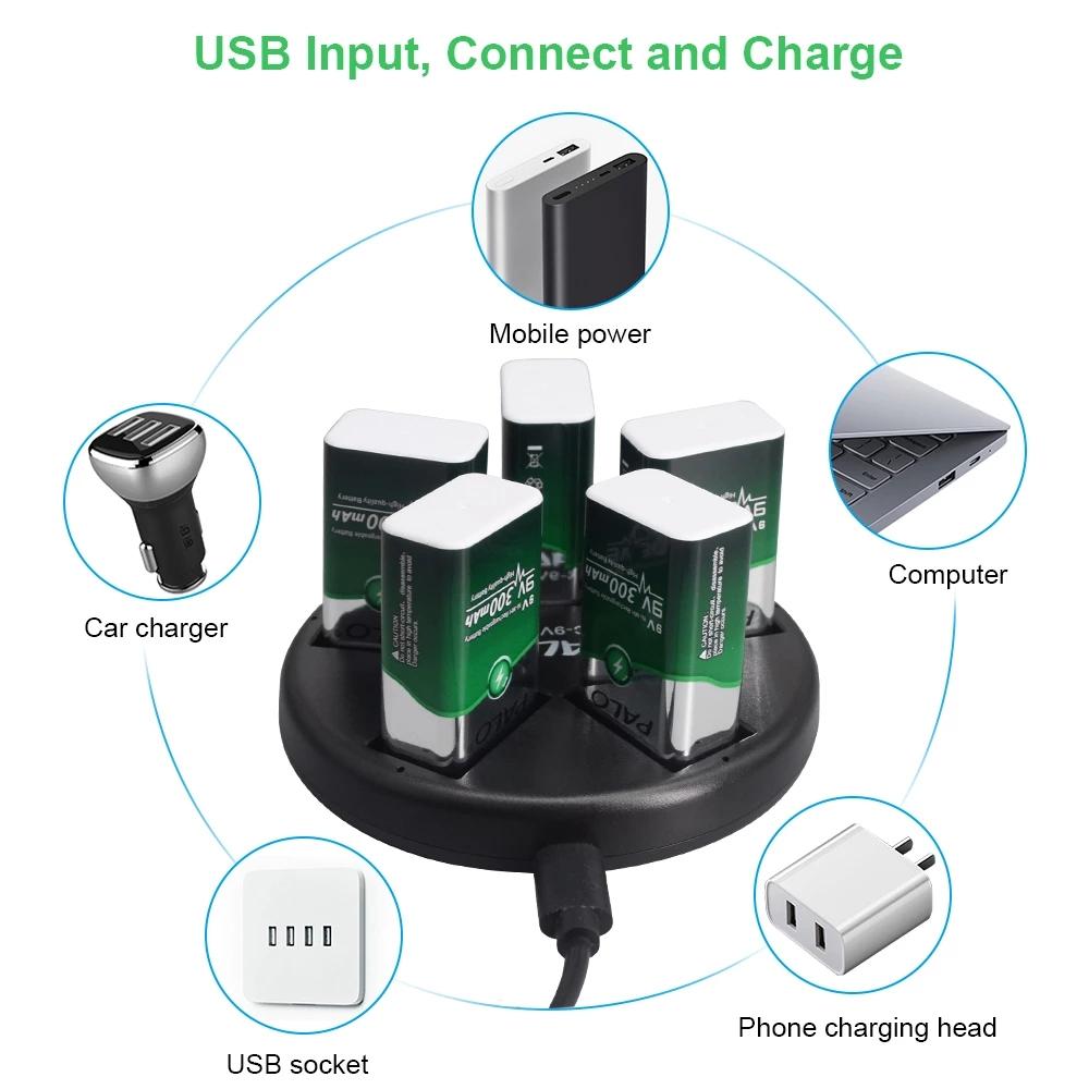 PALO 5 шт., 9 В, перезаряжаемая NiMH батарея 6F22, 9 В, батарея + 9 В, быстрое зарядное устройство USB для литий-ионной NiMH батареи 9 В