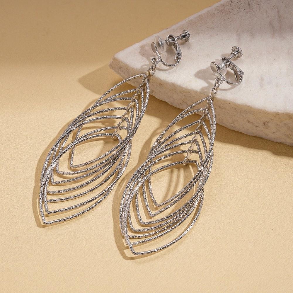 Exquisite Oval Hollow Long Tassel Dangle Earrings Gold Silver Exaggerated Ear Hook Light Luxury Ear Drop Ear Clip Women