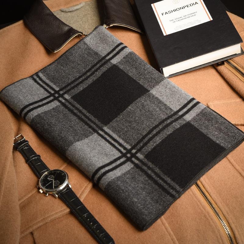 Black and Gray Wool Scarf, Men's Autumn and Winter Plaid Scarf, High-end Business Gift, Birthday Gift for Boyfriend