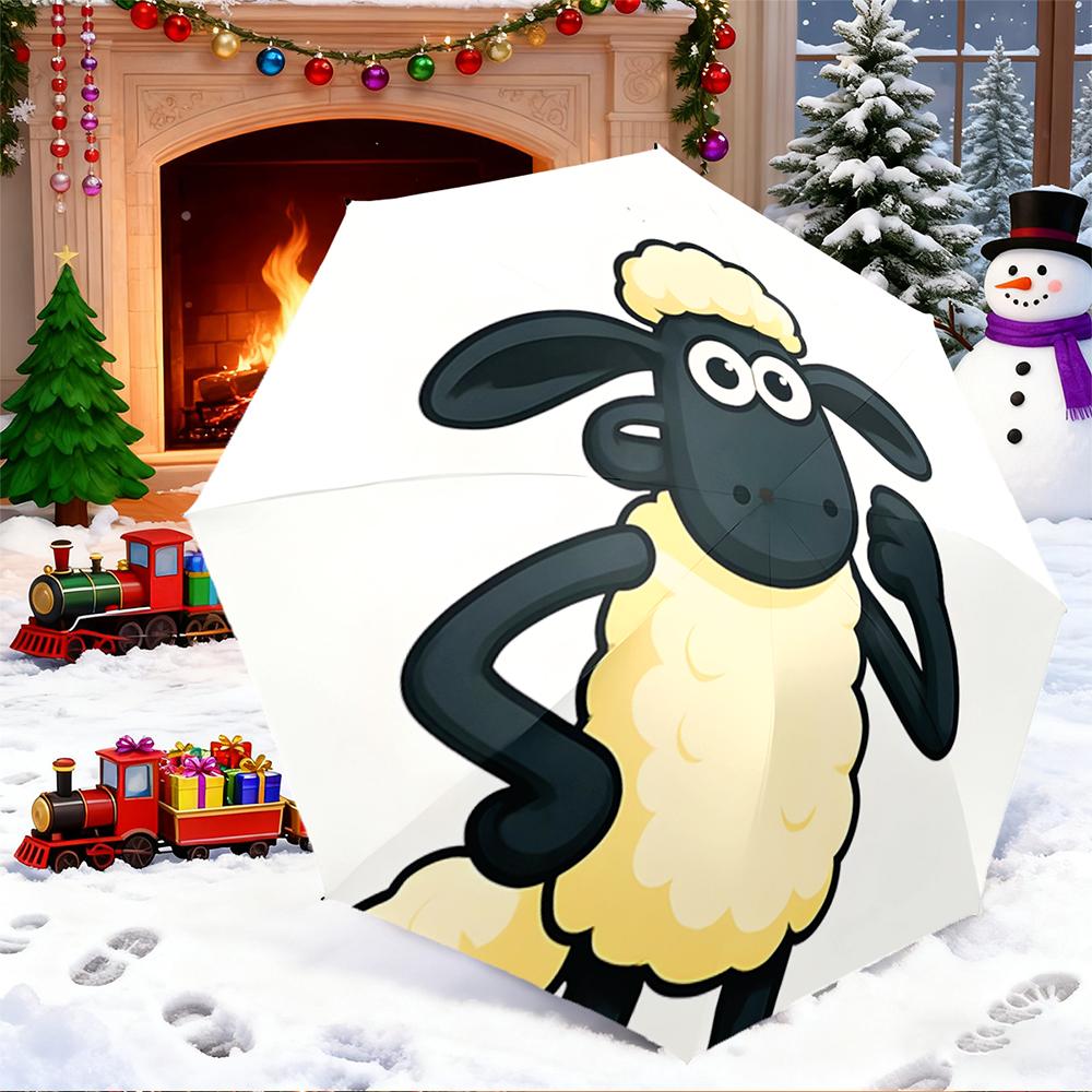 Automatic Umbrella with Shaun the Sheep Flexing White Background Print, Windproof Travel Umbrella for Animation Fans Gift