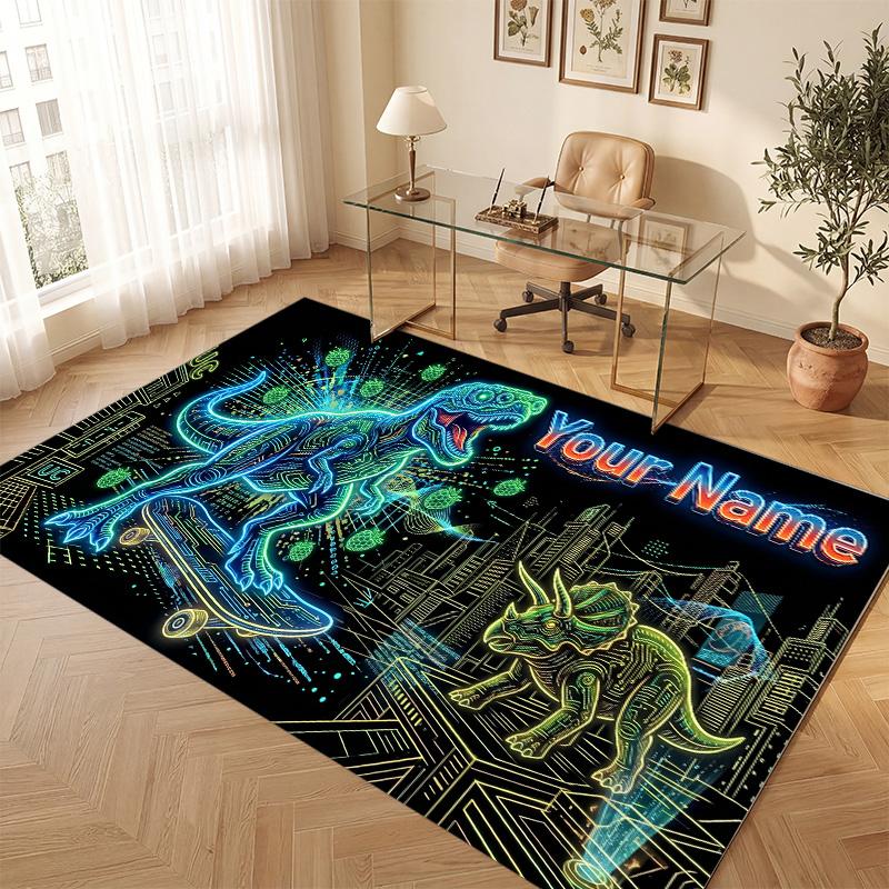 Dinosaur Theme Soft Crystal Velvet Rug Custom Name & Text Print Non Slip Floor Rug for Bedroom Living Room