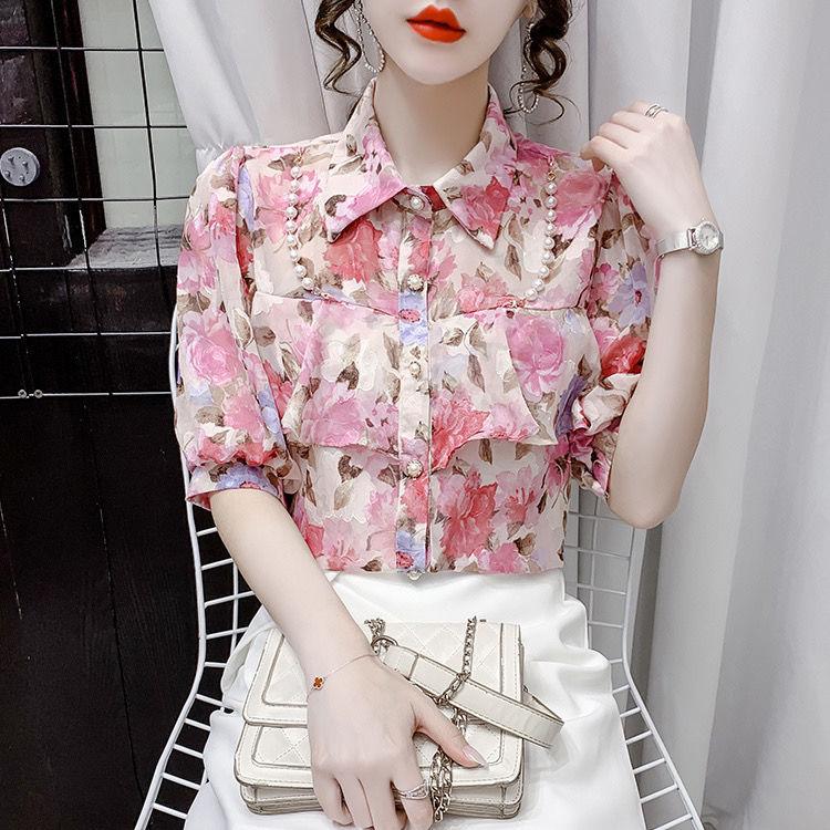 Новая летняя блузка из шифона с жемчужными оборками и цветочным принтом, милая рубашка с отложным воротником и цветочным принтом, с короткими рукавами