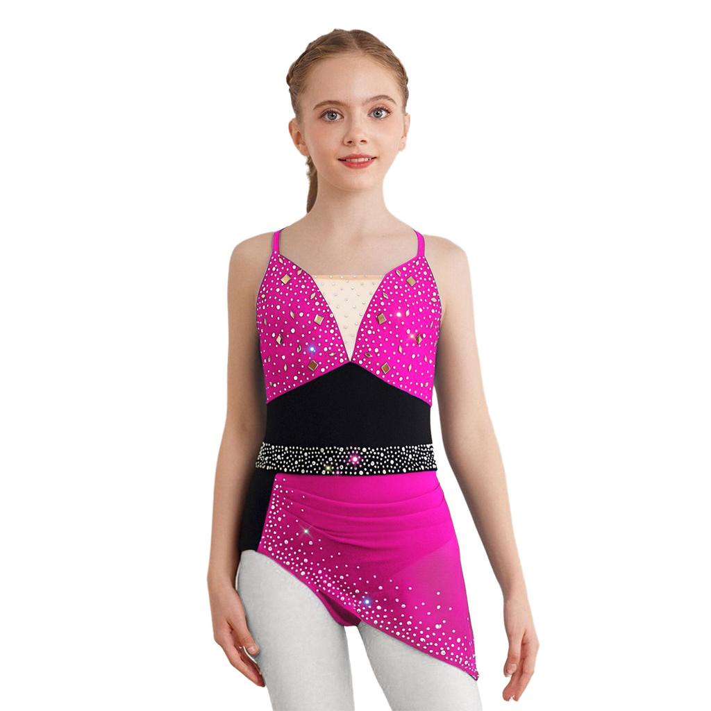 Платье для танцев для девочек с перекрещенными бретелями-спагетти на спине, цветной блок, сверкающие стразы для фигурного катания