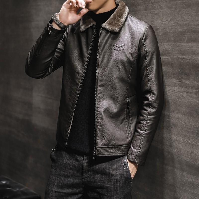 Men's Leather Jacket with Plush New Style Men's Leather Jacket Lapel Middle-aged and Elderly Men's Clothing Father's Clothing Thickened Trend