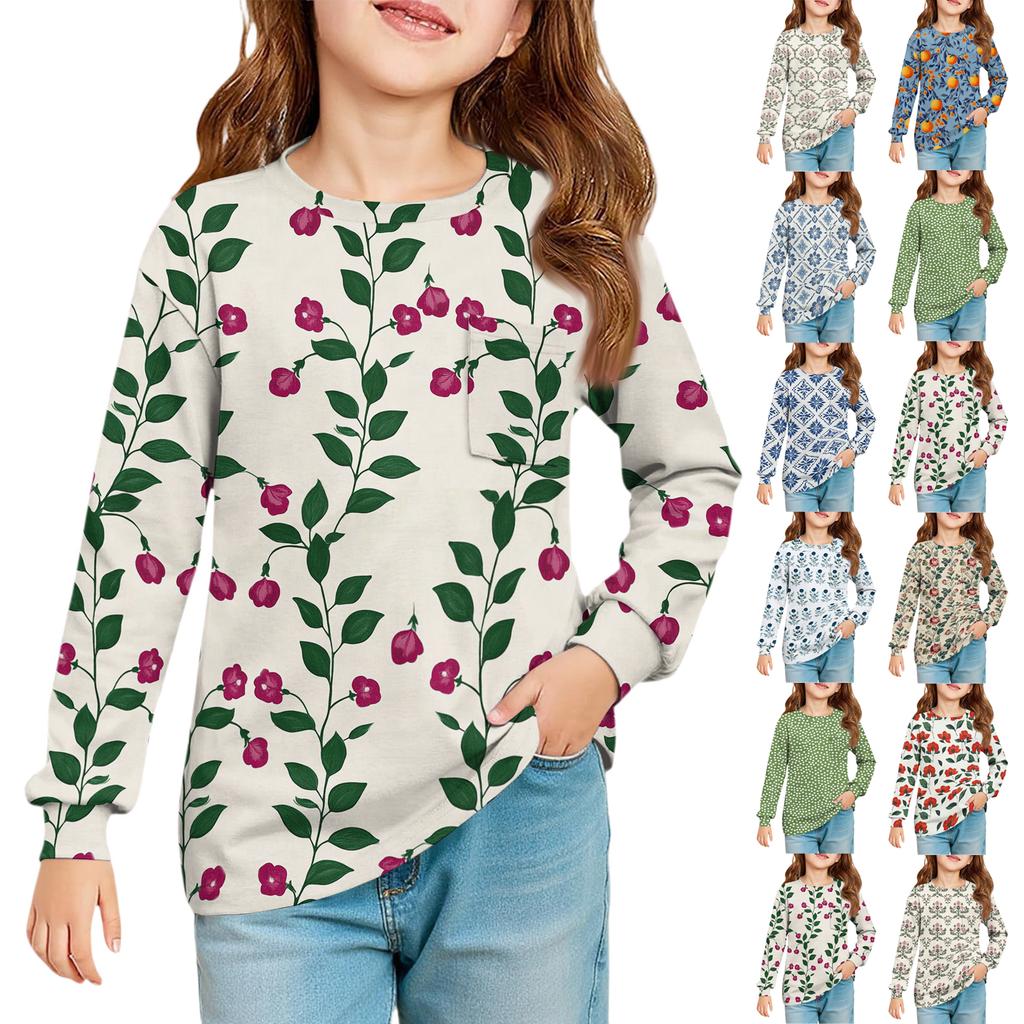Girls' Long Sleeve Blouse - Round Neck Soft Waist Tunic