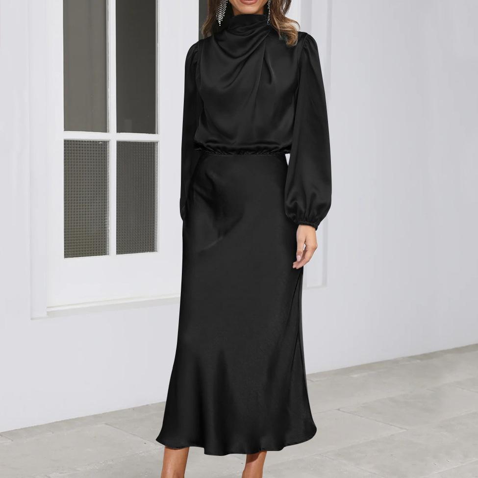 Женское весеннее вечернее платье с длинным рукавом-фонариком, элегантное длинное платье трапециевидной формы с бретелькой на шее и высокой талией, сплошной цвет