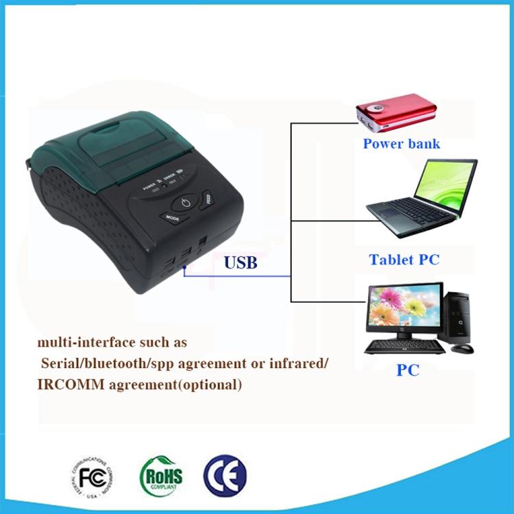 POS-5807 58 мм Портативный Термопринтер Билетов Bluetooth с USB-портом, Максимальный поддерживаемый размер термобумаги: 57x50мм