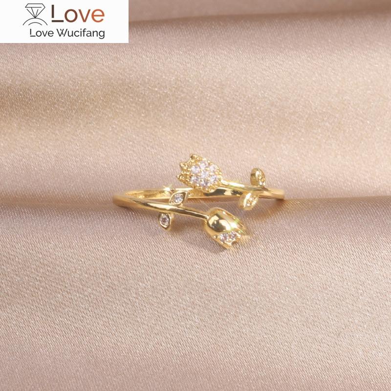 Корейский дизайн модные ювелирные изделия 14K настоящее позолоченное листовое цирконие кошка двойной тюльпан кольцо элегантное женское открывающееся регулируемое кольцо