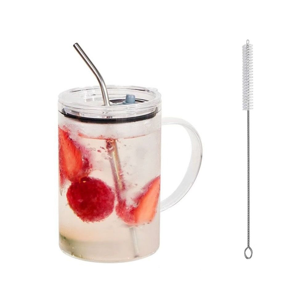 Transparent Glass Tumbler with Lid and Straw Drinking Glass Mug Glass Water Cup  Summer