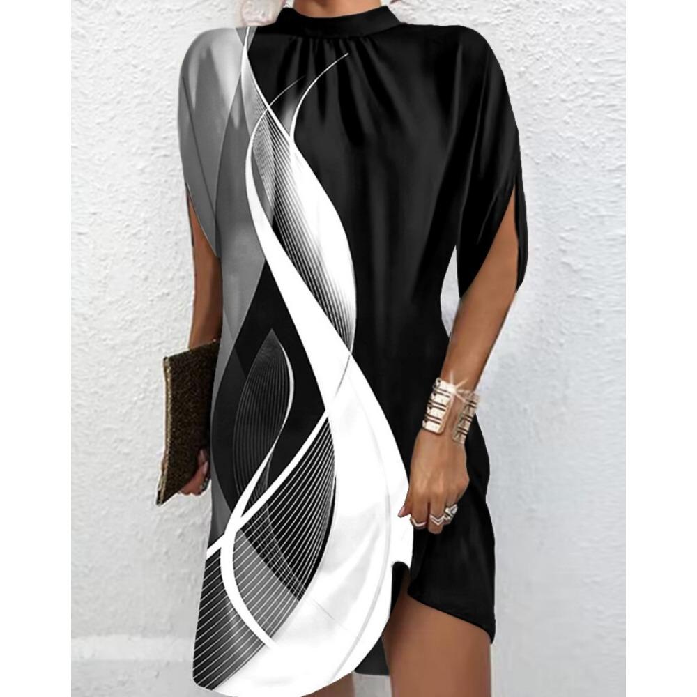 Женская мода лето весна однотонный принт короткий рукав полуводолазка повседневные платья