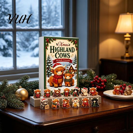 Miniature Animal Figurine Set 2026 Highland Cow Advent Calendar, 24 Day Christmas Countdown Calendar with 2D Acrylic Collectible Creative Surprise Box