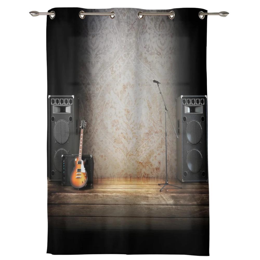 2 панели cortinas Музыка Сцена Динамик Гитара Окна Шторы Гостиная Спальня Оконные украшения Бытовая Кухня Шторы