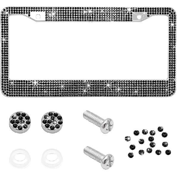 Bling Car License Plate Frame, Handcrafted Rhinestone License Plate Frame With Glitter Screw Caps, Sparkly Bedazzled Diamond Stainless Steel License