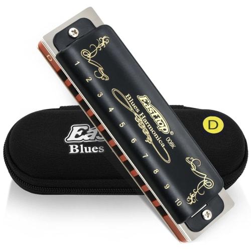 East Top 10-Hole Blues Harmonica In D Key, 20 Tones, Brass Cover, Canvas Case, and Cleaning Cloth, Perfect for Beginners, Professionals, and Study/Pra