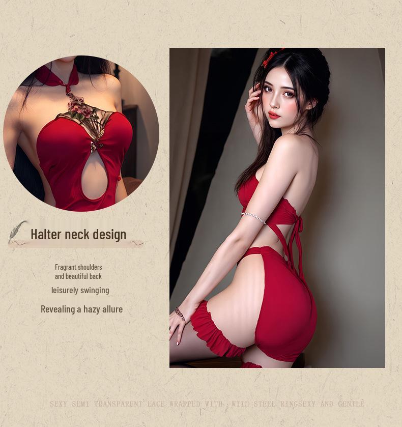 Свадебный красный комплект кружевного нижнего белья халтер с вышивкой пионов