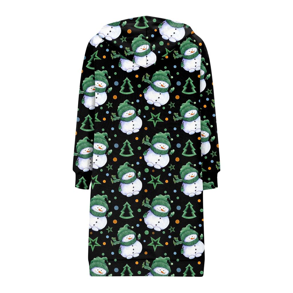 Women's Fashionable Christmas Printed Long Sleeved Drawstring Hooded Zipper Pocket Long Casual Sweatshirt Jacket