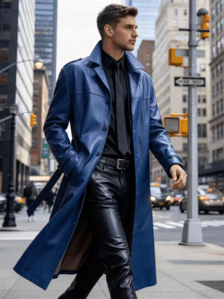 New European and American men's long PU leather trench coat suit collar business casual knee leather coat jacket men's clothing
