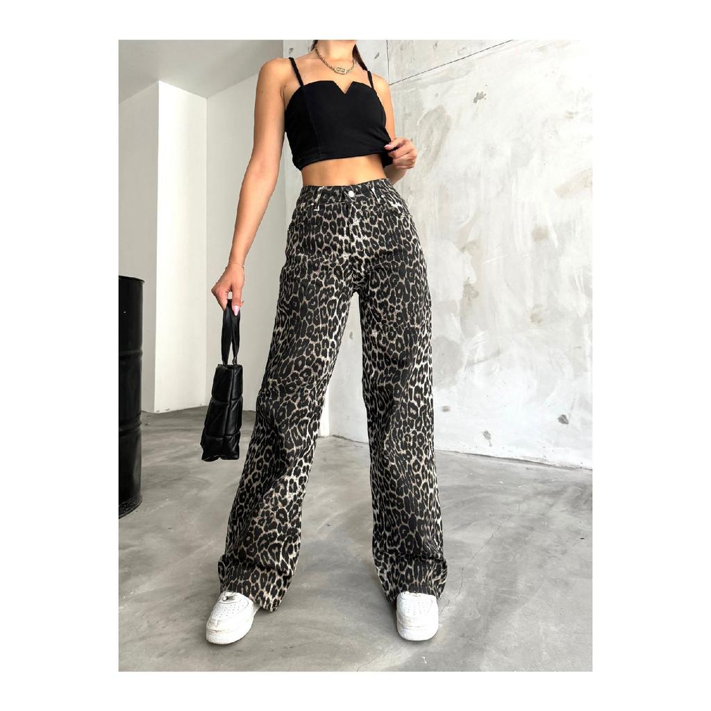 Women's Leopard Patterned High Waist Wide Leg Lycra Palazzo Pants