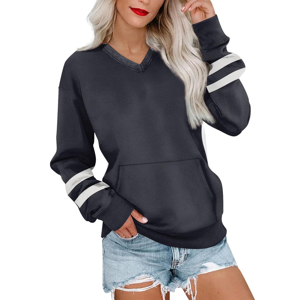 Женская повседневная модная полосатая толстовка с V-образным вырезом и длинным рукавом, легкая толстовка с карманами
