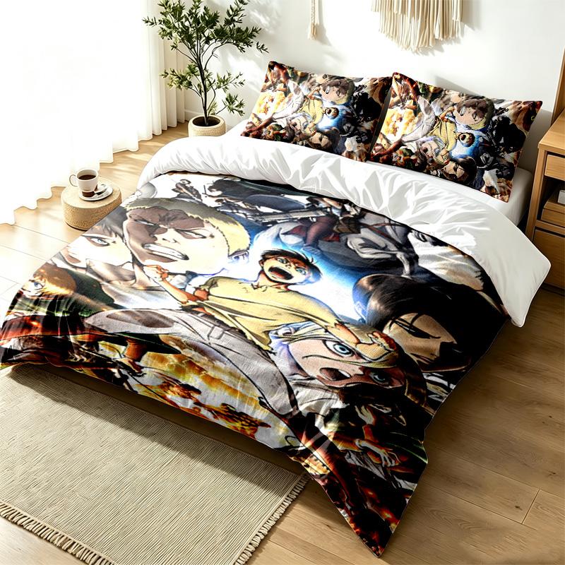 Attack on Titan 3pc Duvet Cover Set Simple Modern Bedding Set Wrinkle Resistant Soft Fabric All Season Use a perfect gift