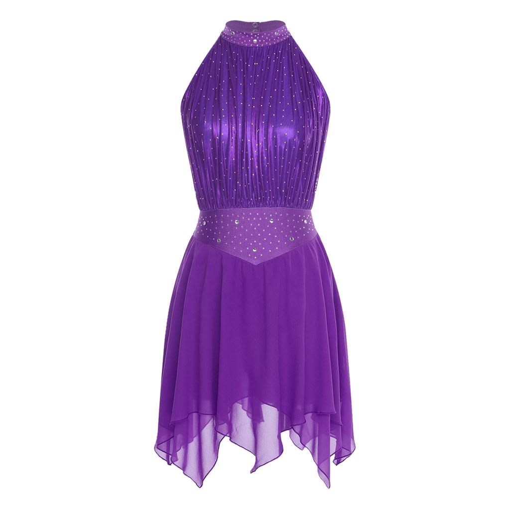 Womens Lyrical Dance Dress Ruched Metallic Mesh Rhinestone Detail Irregular Hem Sleeveless Backless Built In Briefs Leotard