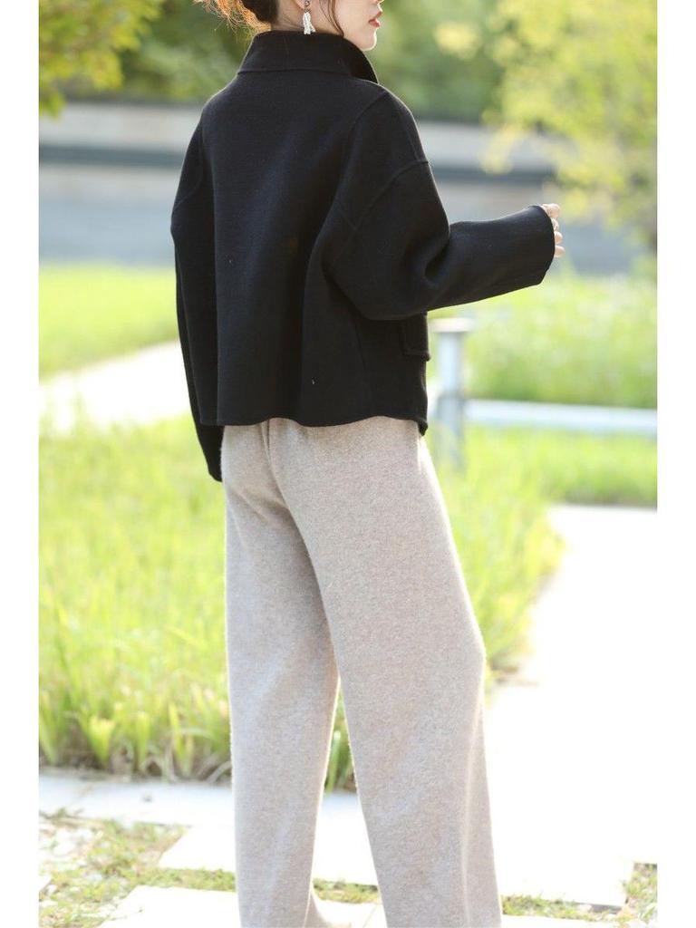 Women's Petite Double-Faced Cashmere Coat - Short Stand Collar, Pure Wool, Loose Slimming Fit for Autumn/Winter