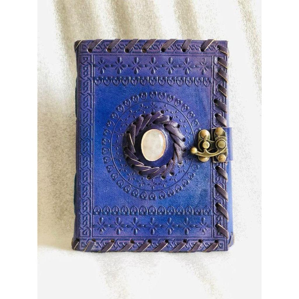 Leather Genuine Leather Journal with Semi Precious Stone - Lock Closure, Pages Antique Deckle Edge Paper 7 X 5 In
